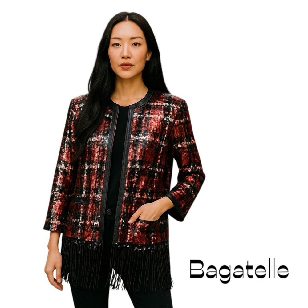 Bagatelle Red Black White Sequined Plaid Fringe Jacket NWT Size L Glam Party